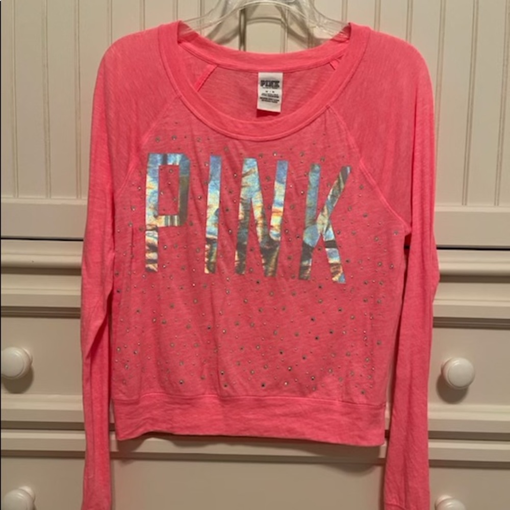 Bright pink bedazzled Victoria secret pink long sleeve shirt.